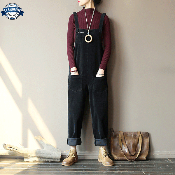 24AW 【サクラ】 FINX CORDUROY SALOPETTE 38 Black Corduroy Dungarees | La Salopette