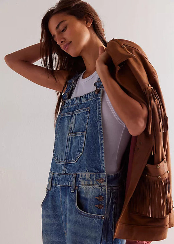 Wide-Leg White Denim Dungarees