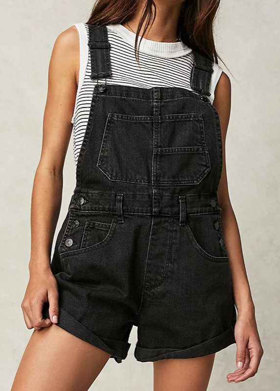 Black Denim Short Dungarees Crow