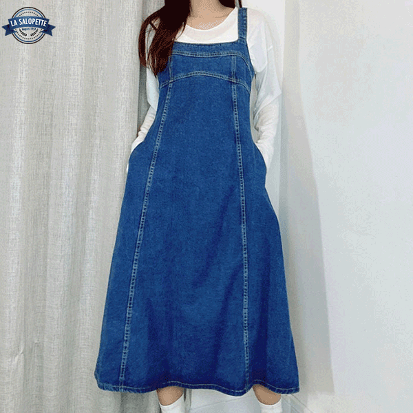 Long denim jumper dress hotsell
