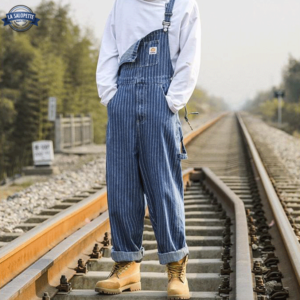 Denim Dungarees Striped Man Raincoat