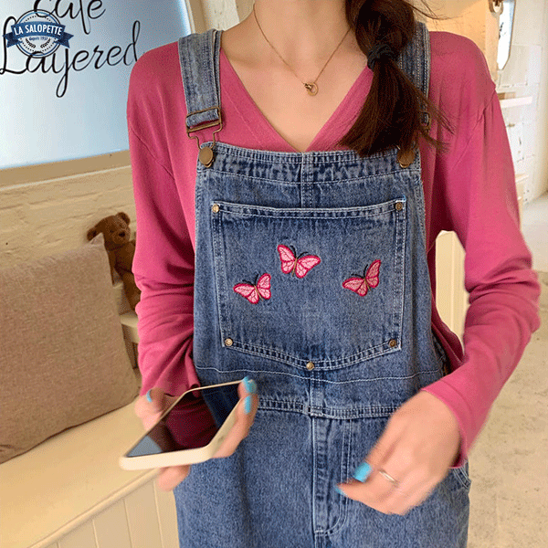 Denim Dungarees Butterfly Embroidery