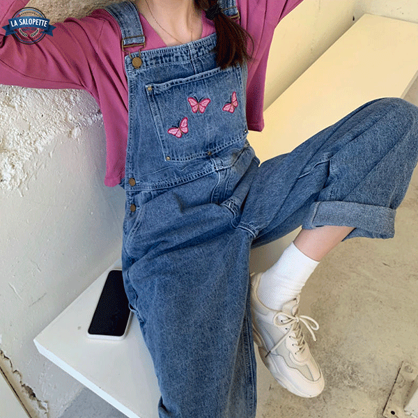 Denim Dungarees Butterfly Embroidery
