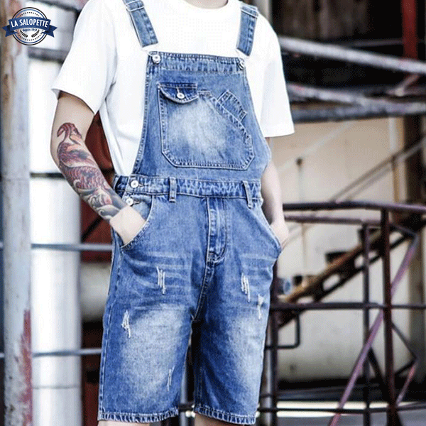 Short Dungarees Men's Washed Blue Denim
