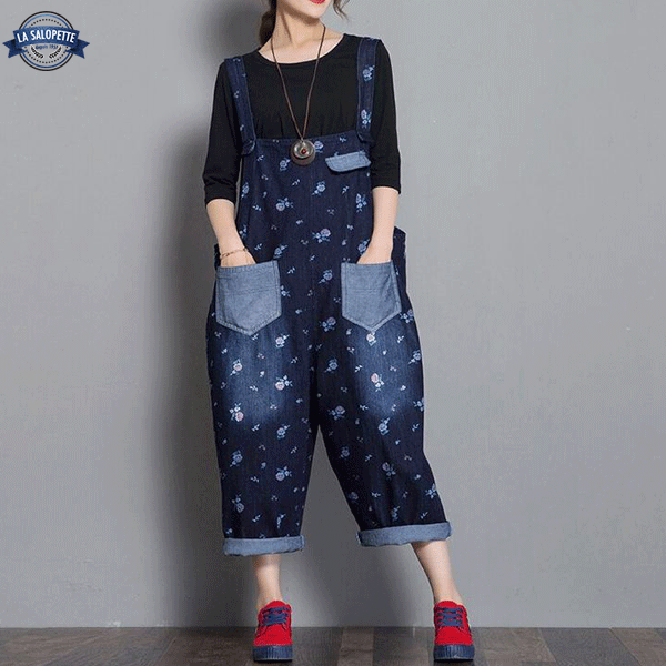 Denim Dungarees Blue with Flowers