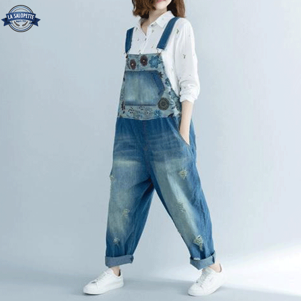 Denim Dungarees Large with Arabi Flower