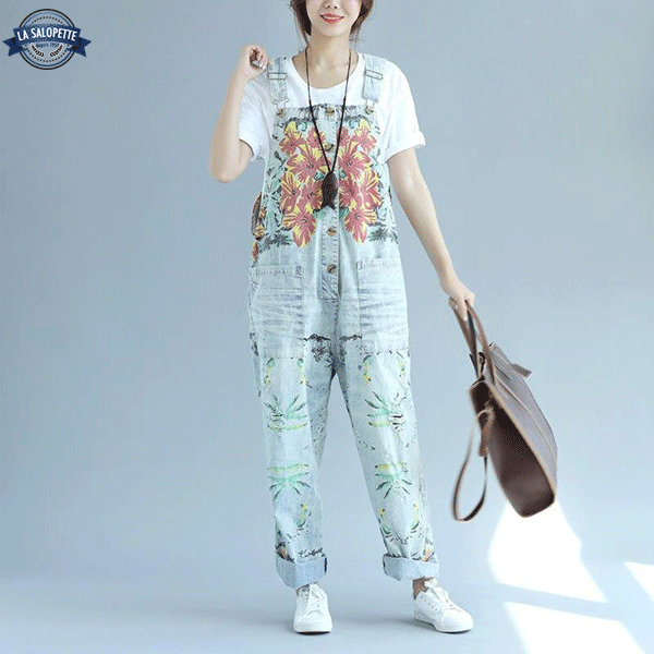 Denim Dungarees With Lilia Flowers